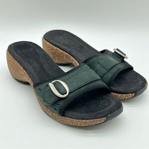 Merrell Sundial Black Leather Slide Cork Wedge Sandals